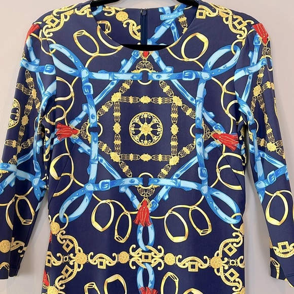 J.Mclaughlin Size XS Equestrian Print Sophia Catalina Dress Blue Gold - Picture 9 of 9
